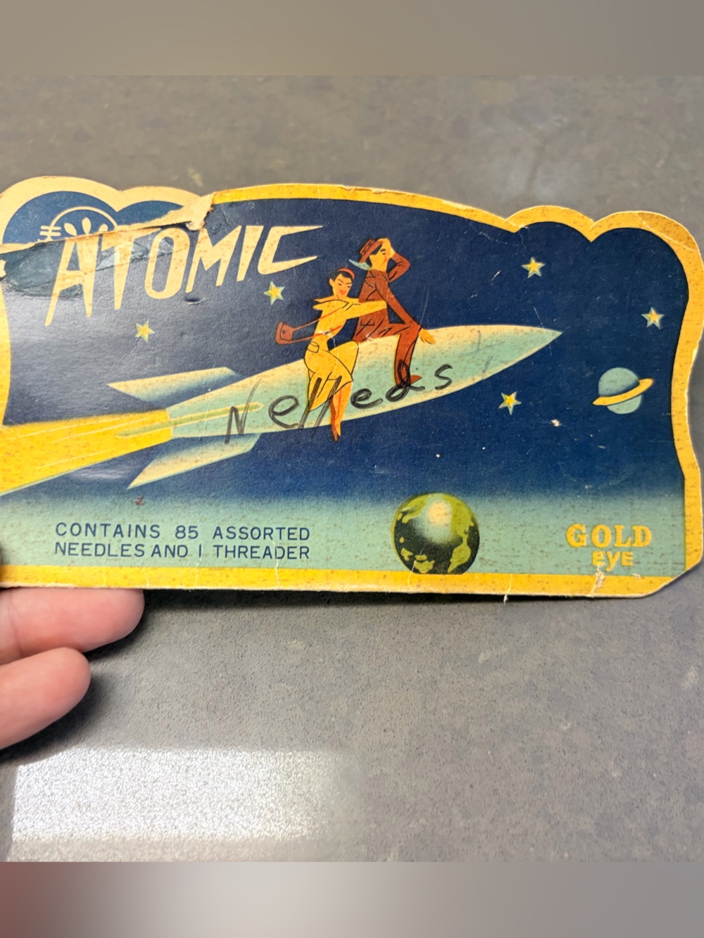 Atomic Needles Vintage Sewing Card - Blue & Yellowing 1950s